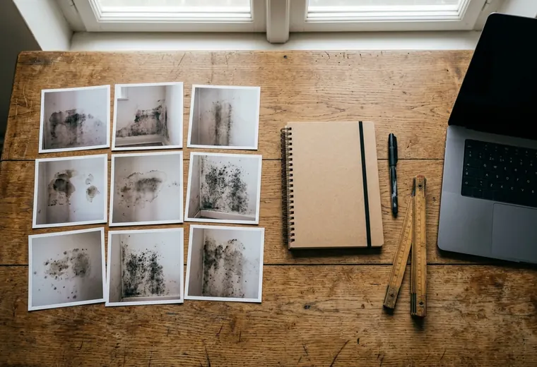 Schreibtisch mit ausgedruckten Feuchtefotos, Zollstock und Notizbuch zur Auswertung