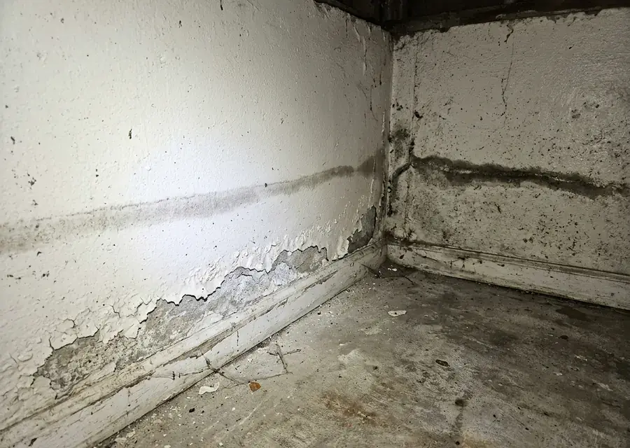 Feuchter Kellersockel mit Salzausblühungen, der den Mörtelfugen des Mauerwerks folgt